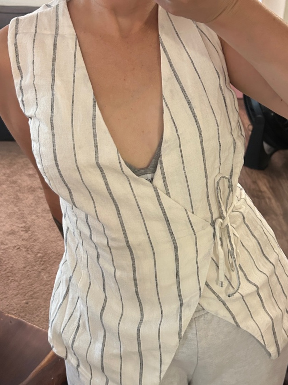 Sleeveless White & Navy Striped Wrap Top